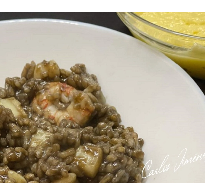 ARROZ NEGRO CON LANGOSTINOS Y CALAMARES EN THERMOMIX. RECETA PARA COMPARTIR. BADAJOZ, VILLANUEVA SERENA