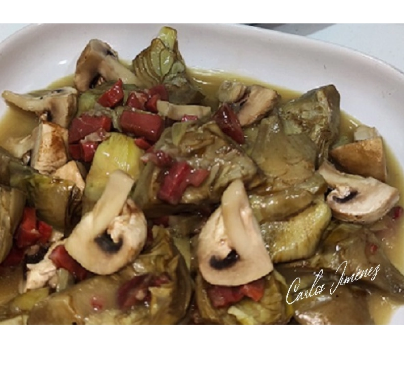 ALCACHOFAS Y CHAMPIÑONES CON VELOUTE DE JAMON EN THERMOMIX. BADAJOZ, VILLANUEVA DE LA SERENA, DON BENITO, MERIDA..